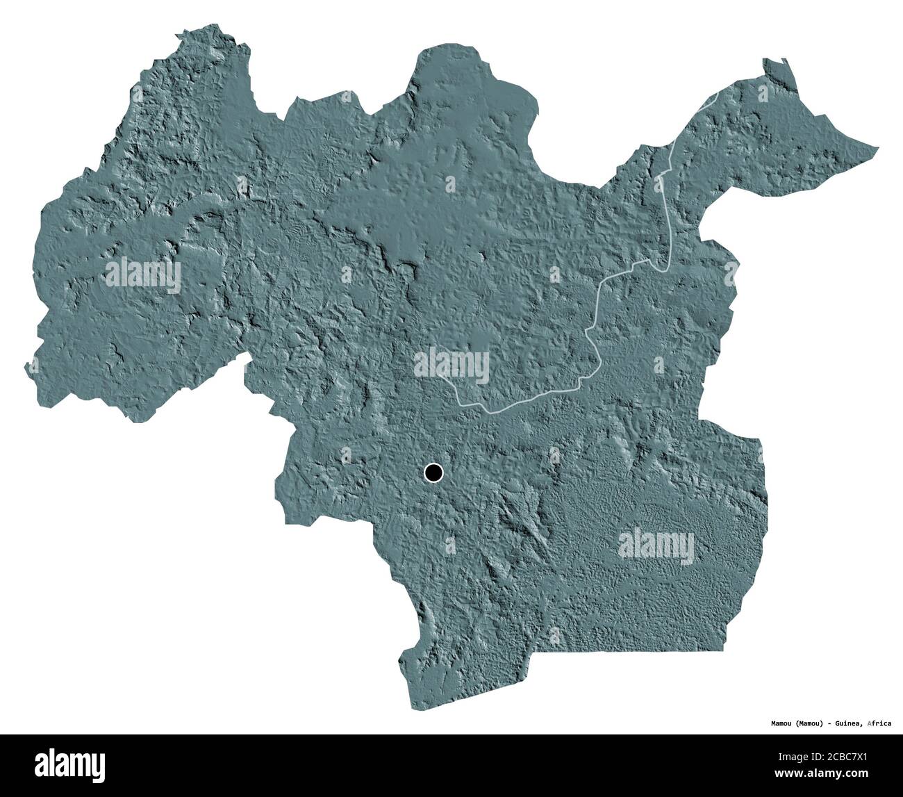 Forma di Mamou, regione della Guinea, con la sua capitale isolata su sfondo bianco. Mappa di elevazione colorata. Rendering 3D Foto Stock
