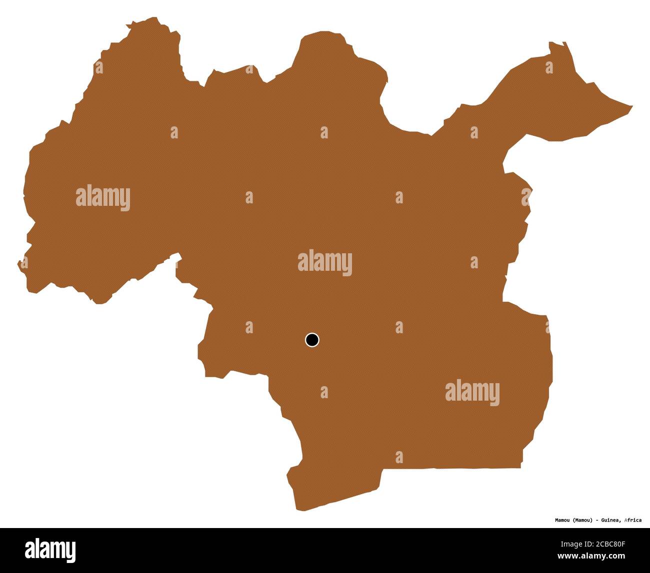 Forma di Mamou, regione della Guinea, con la sua capitale isolata su sfondo bianco. Composizione di texture con motivi. Rendering 3D Foto Stock