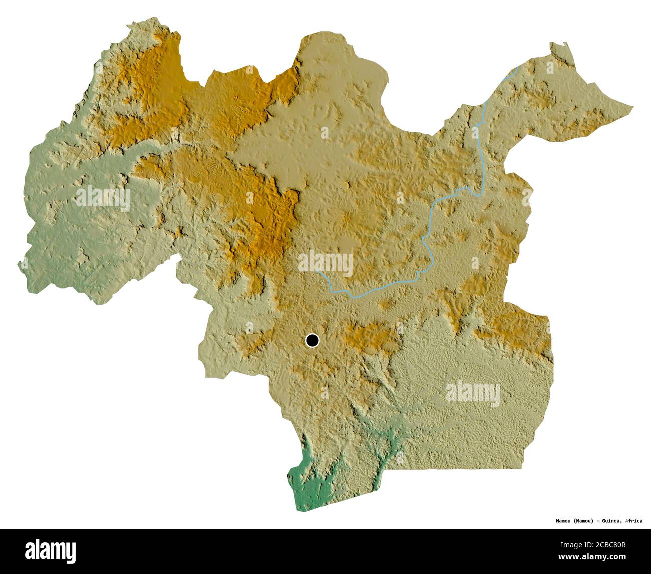 Forma di Mamou, regione della Guinea, con la sua capitale isolata su sfondo bianco. Mappa di rilievo topografico. Rendering 3D Foto Stock
