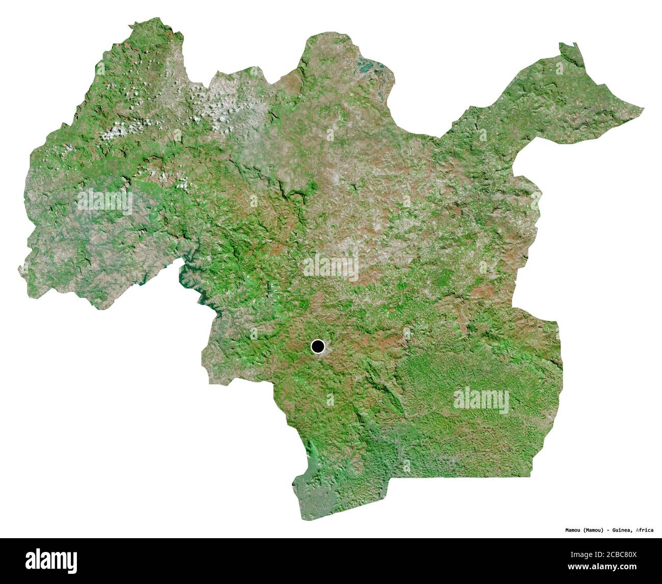Forma di Mamou, regione della Guinea, con la sua capitale isolata su sfondo bianco. Immagini satellitari. Rendering 3D Foto Stock