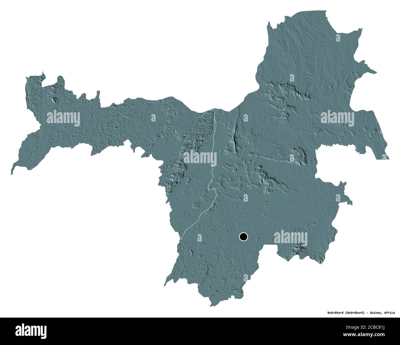 Forma di Nzérékoré, regione della Guinea, con la sua capitale isolata su sfondo bianco. Mappa di elevazione colorata. Rendering 3D Foto Stock