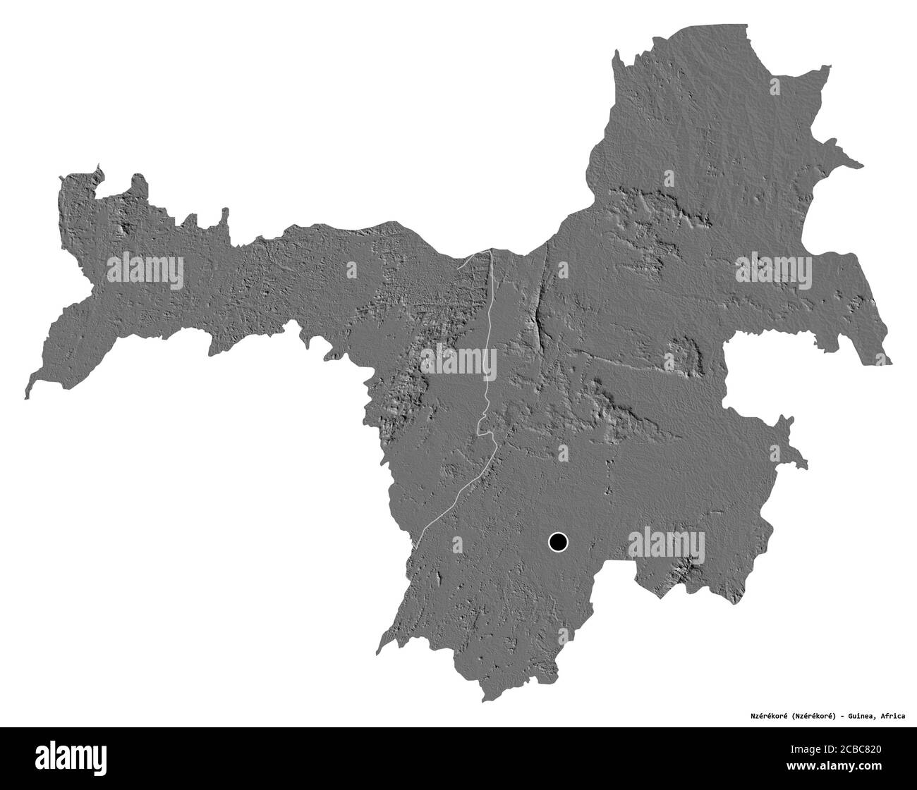 Forma di Nzérékoré, regione della Guinea, con la sua capitale isolata su sfondo bianco. Mappa elevazione bilivello. Rendering 3D Foto Stock