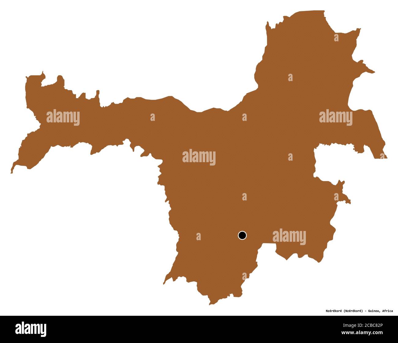 Forma di Nzérékoré, regione della Guinea, con la sua capitale isolata su sfondo bianco. Composizione di texture con motivi. Rendering 3D Foto Stock