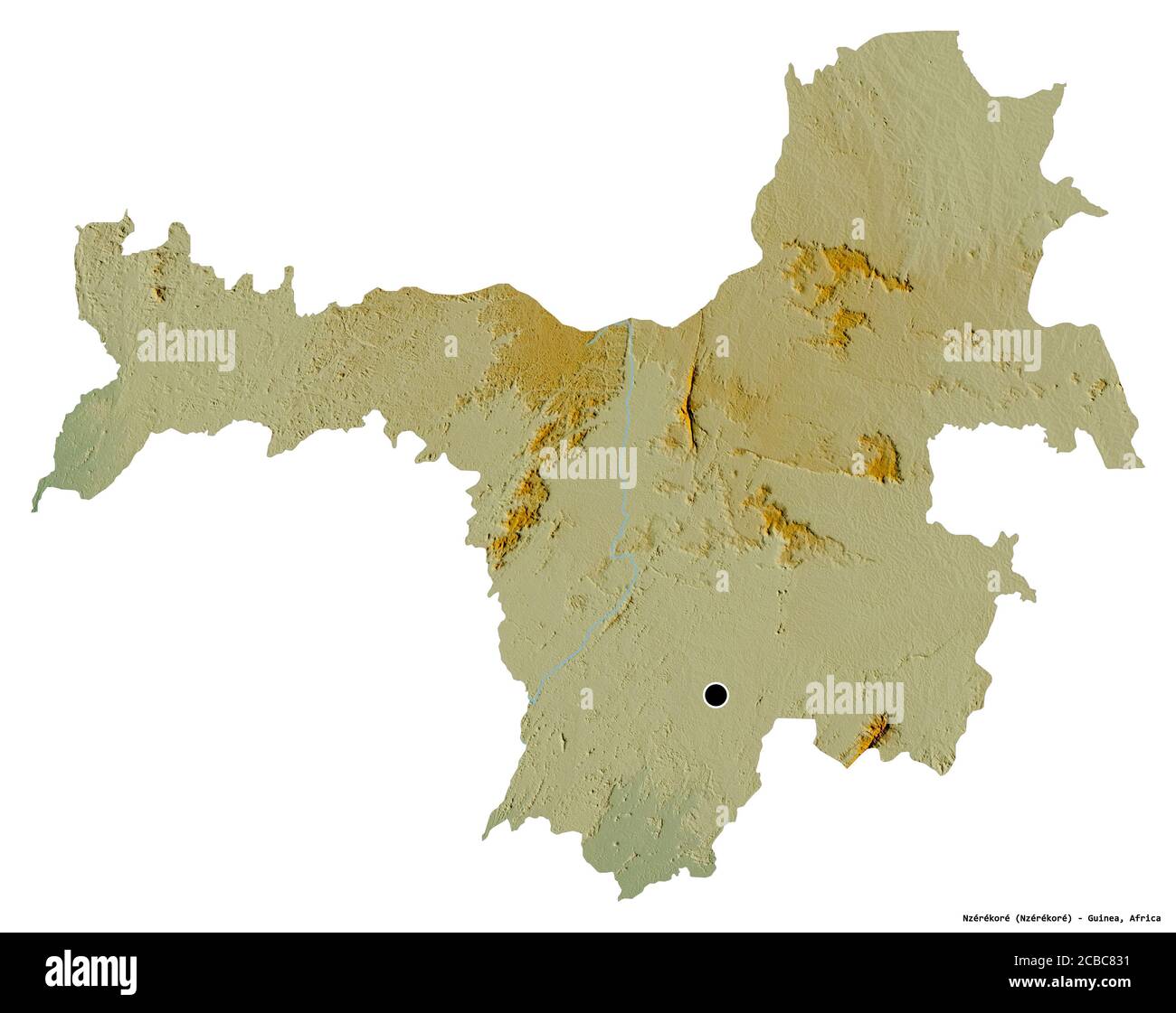 Forma di Nzérékoré, regione della Guinea, con la sua capitale isolata su sfondo bianco. Mappa di rilievo topografico. Rendering 3D Foto Stock