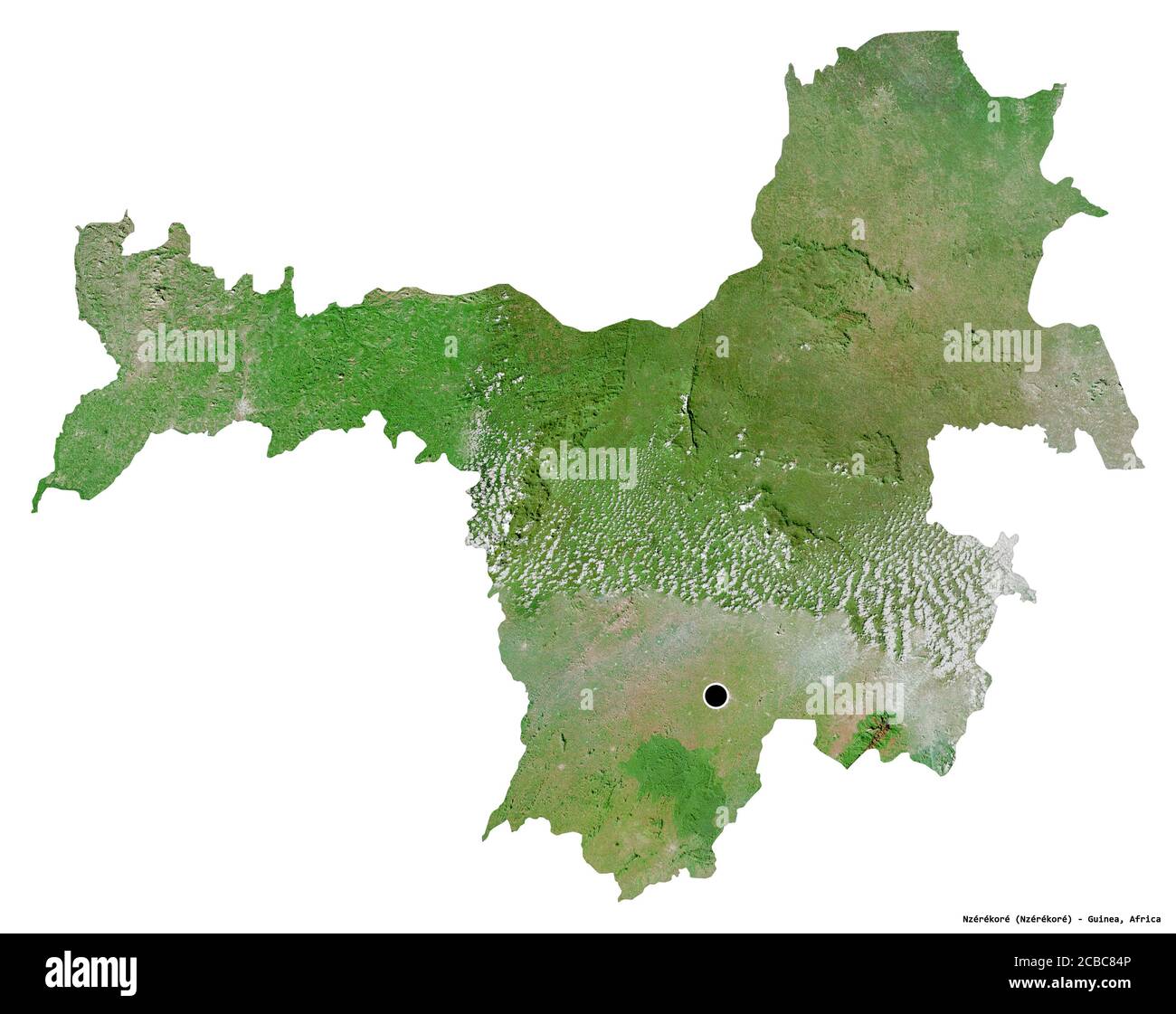 Forma di Nzérékoré, regione della Guinea, con la sua capitale isolata su sfondo bianco. Immagini satellitari. Rendering 3D Foto Stock