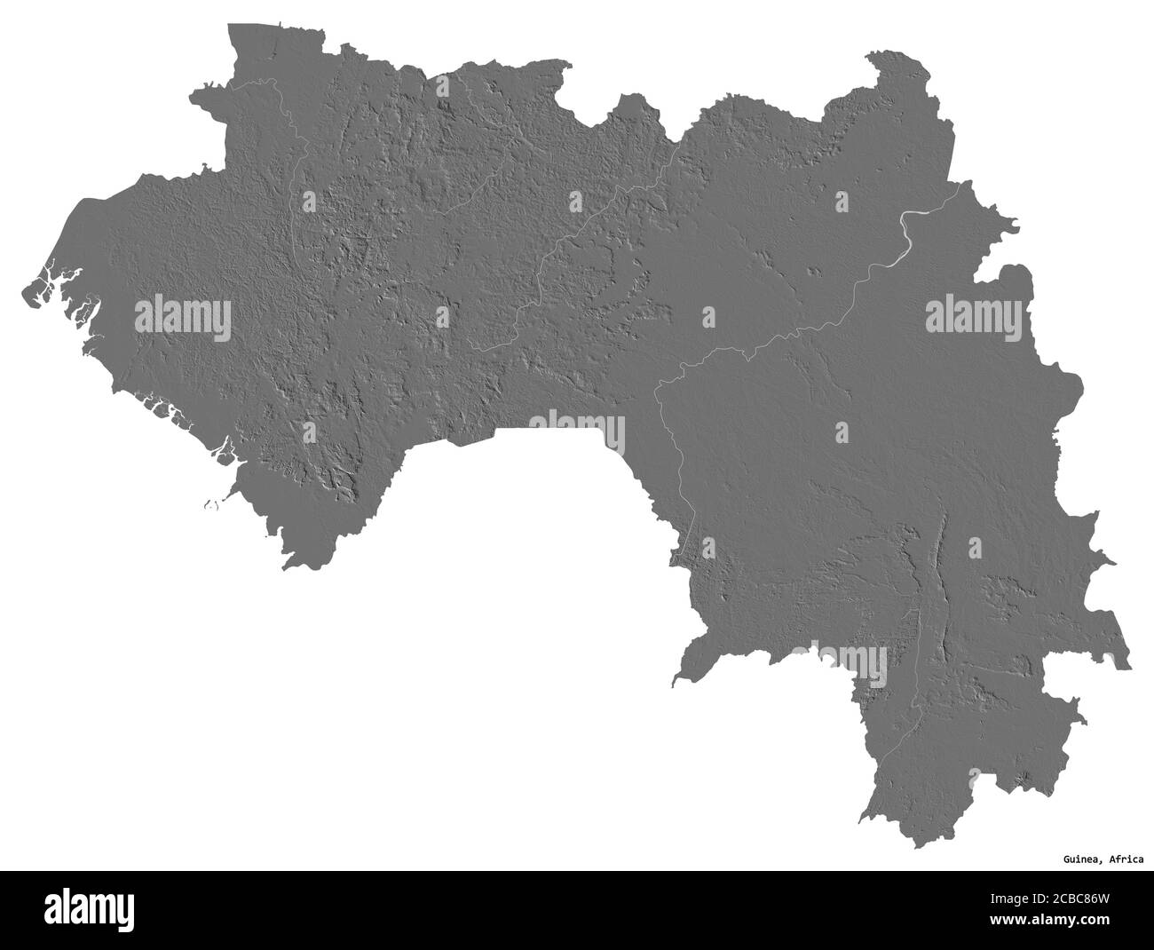 Forma della Guinea con la sua capitale isolata su sfondo bianco. Mappa elevazione bilivello. Rendering 3D Foto Stock