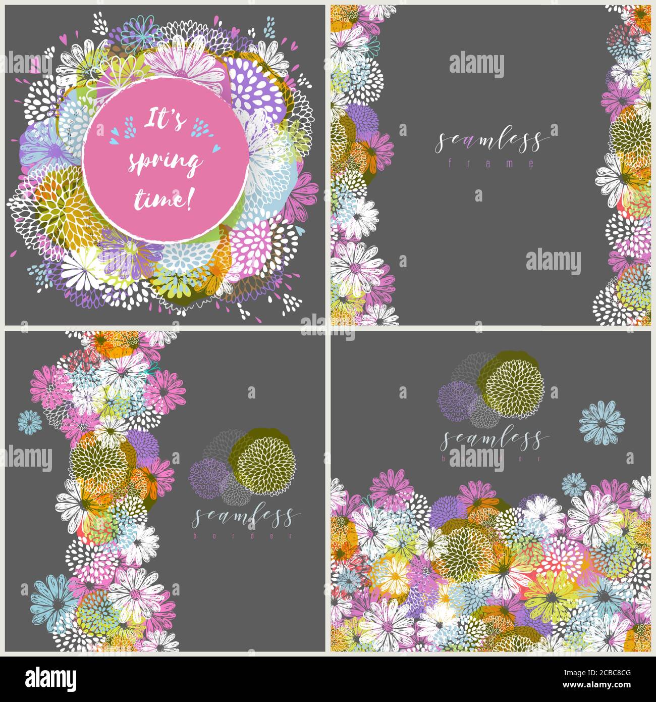 Set di vettoriali senza giunture con fiori di doodle. Illustrazione Vettoriale