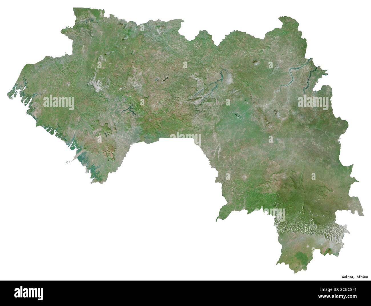 Forma della Guinea con la sua capitale isolata su sfondo bianco. Immagini satellitari. Rendering 3D Foto Stock