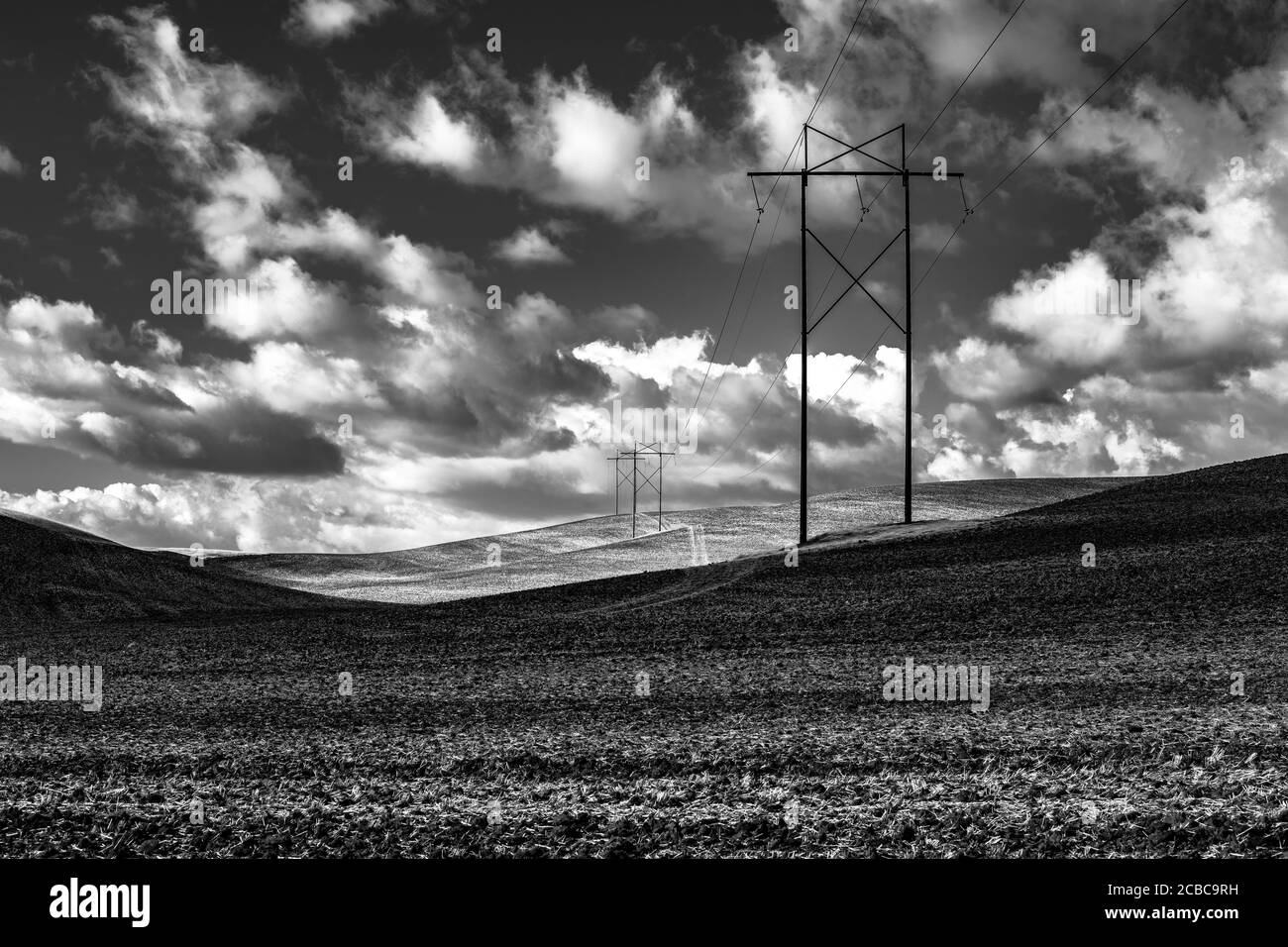 Linee elettriche e campi in autunno, Palouse, WA Foto Stock