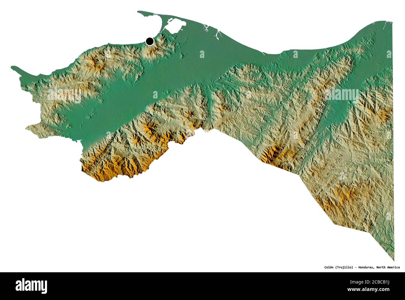 Forma di Colón, dipartimento dell'Honduras, con la sua capitale isolata su sfondo bianco. Mappa di rilievo topografico. Rendering 3D Foto Stock