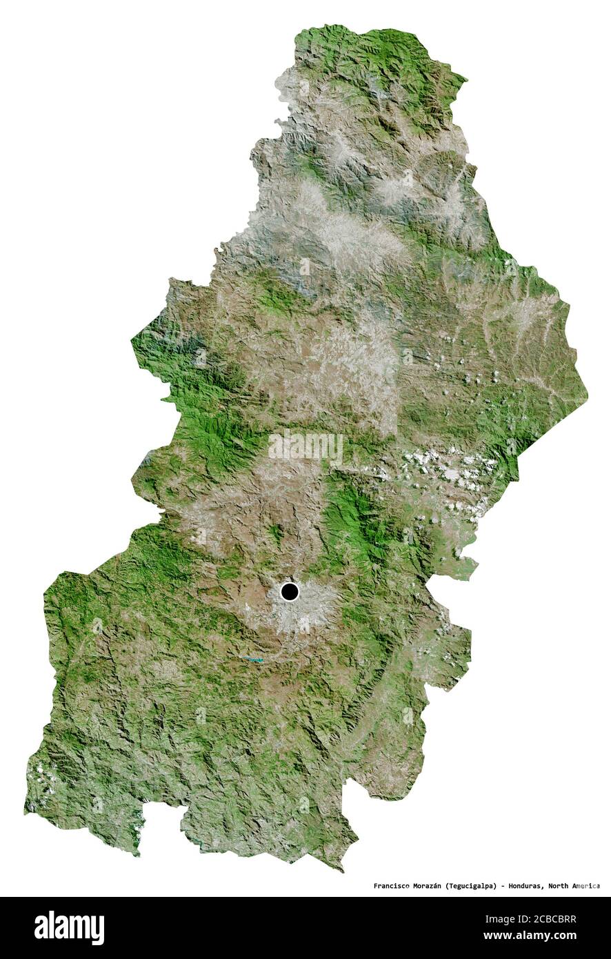 Forma di Francisco Morazán, dipartimento dell'Honduras, con la sua capitale isolata su sfondo bianco. Immagini satellitari. Rendering 3D Foto Stock