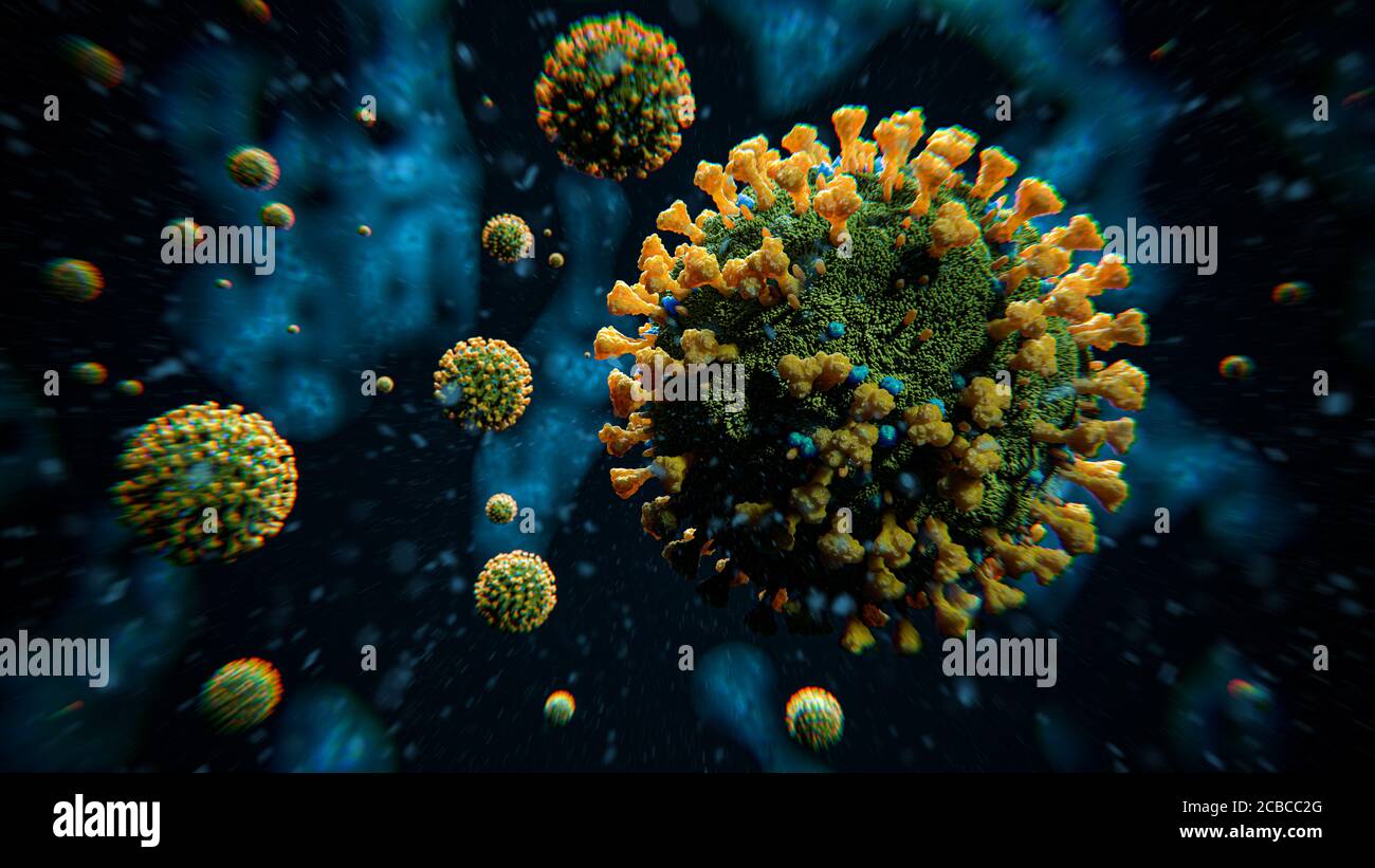 Green COVID-19 molecole di Coronavirus - il virus dell'influenza raggiunge la seconda onda - copertura epidemica pandemica Foto 3D rendering Foto Stock