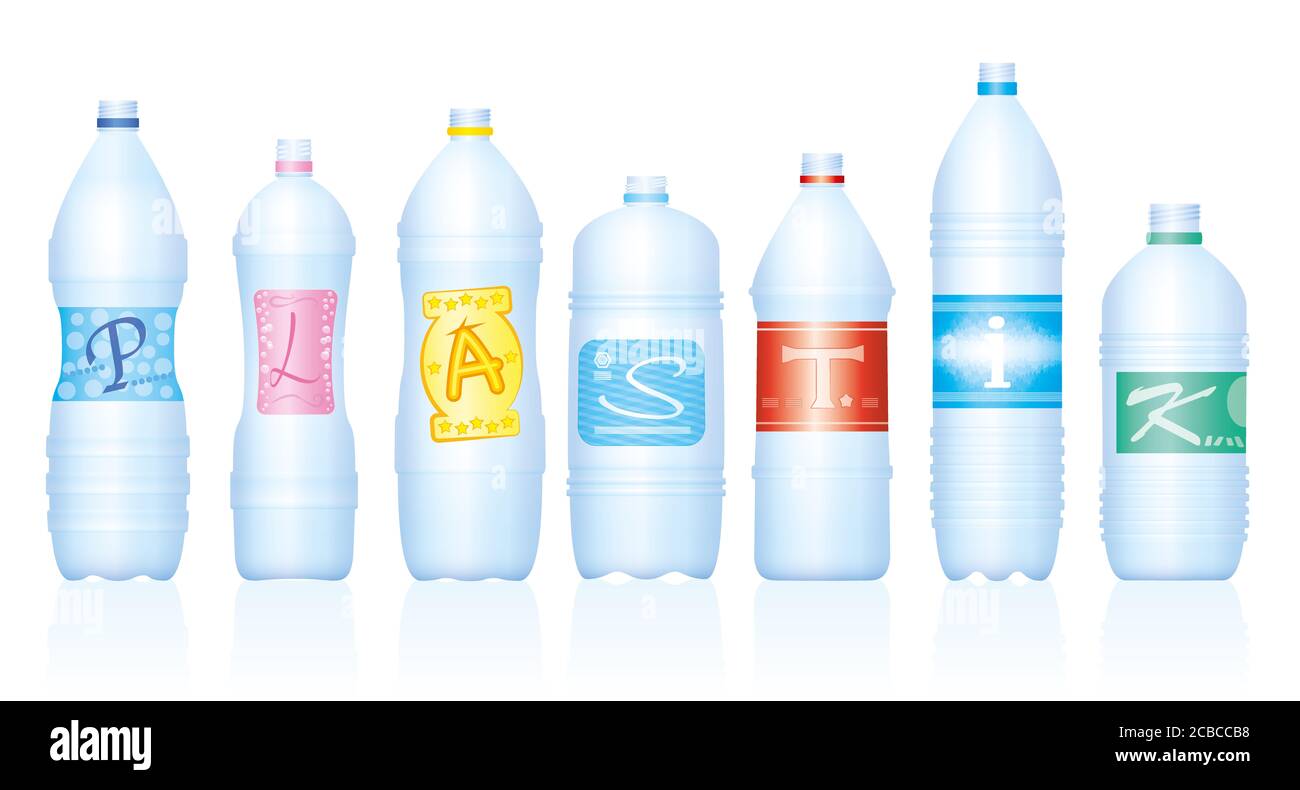 Bottiglie di plastica che fanno la parola PLASTIK. Etichettatura tedesca. Bottiglie d'acqua vuote, simboliche per consumi eccessivi e rifiuti di materie plastiche. Foto Stock