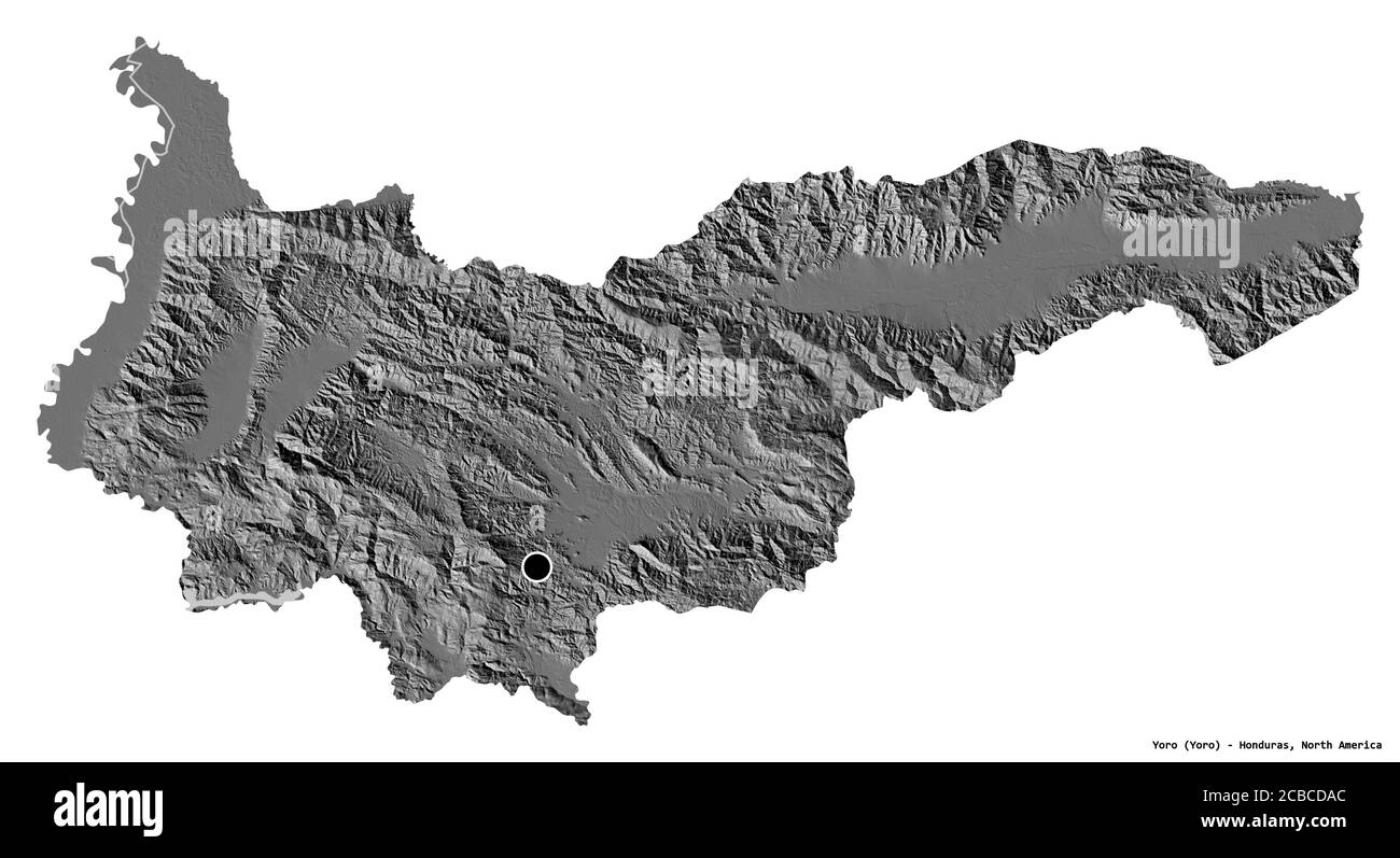 Forma di Yoro, dipartimento dell'Honduras, con la sua capitale isolata su sfondo bianco. Mappa elevazione bilivello. Rendering 3D Foto Stock