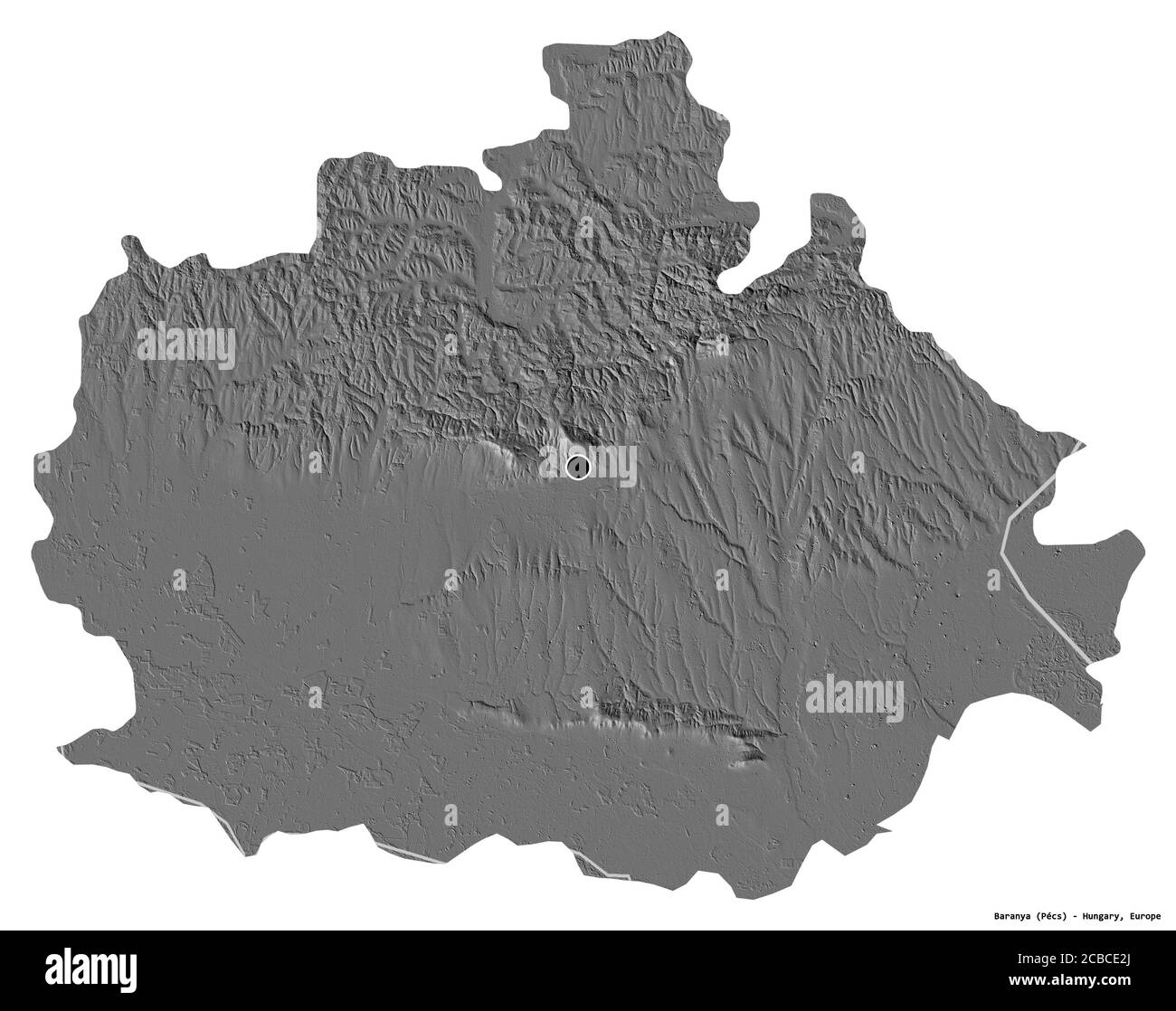 Forma di Baranya, contea dell'Ungheria, con la sua capitale isolata su sfondo bianco. Mappa elevazione bilivello. Rendering 3D Foto Stock