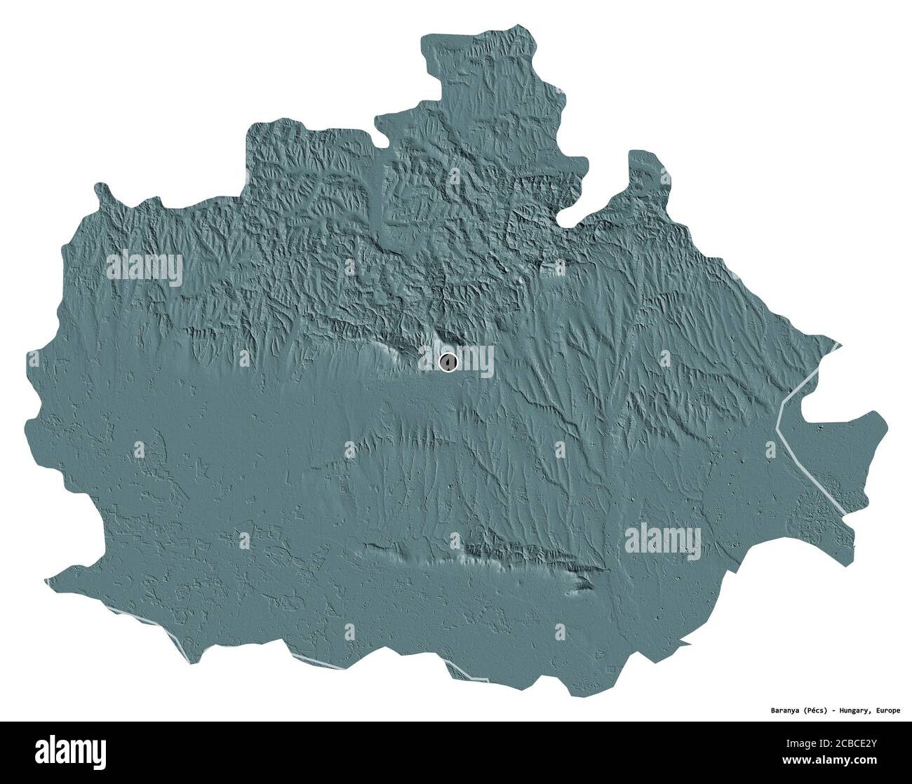 Forma di Baranya, contea dell'Ungheria, con la sua capitale isolata su sfondo bianco. Mappa di elevazione colorata. Rendering 3D Foto Stock