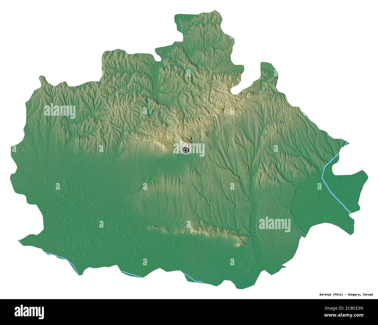 Forma di Baranya, contea dell'Ungheria, con la sua capitale isolata su sfondo bianco. Mappa di rilievo topografico. Rendering 3D Foto Stock