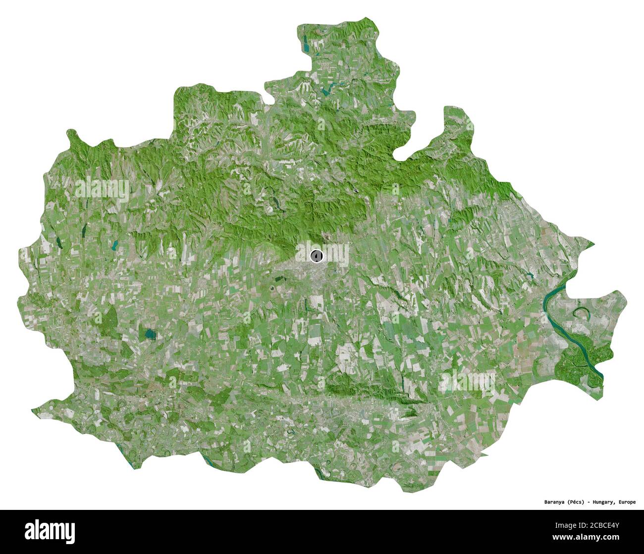 Forma di Baranya, contea dell'Ungheria, con la sua capitale isolata su sfondo bianco. Immagini satellitari. Rendering 3D Foto Stock