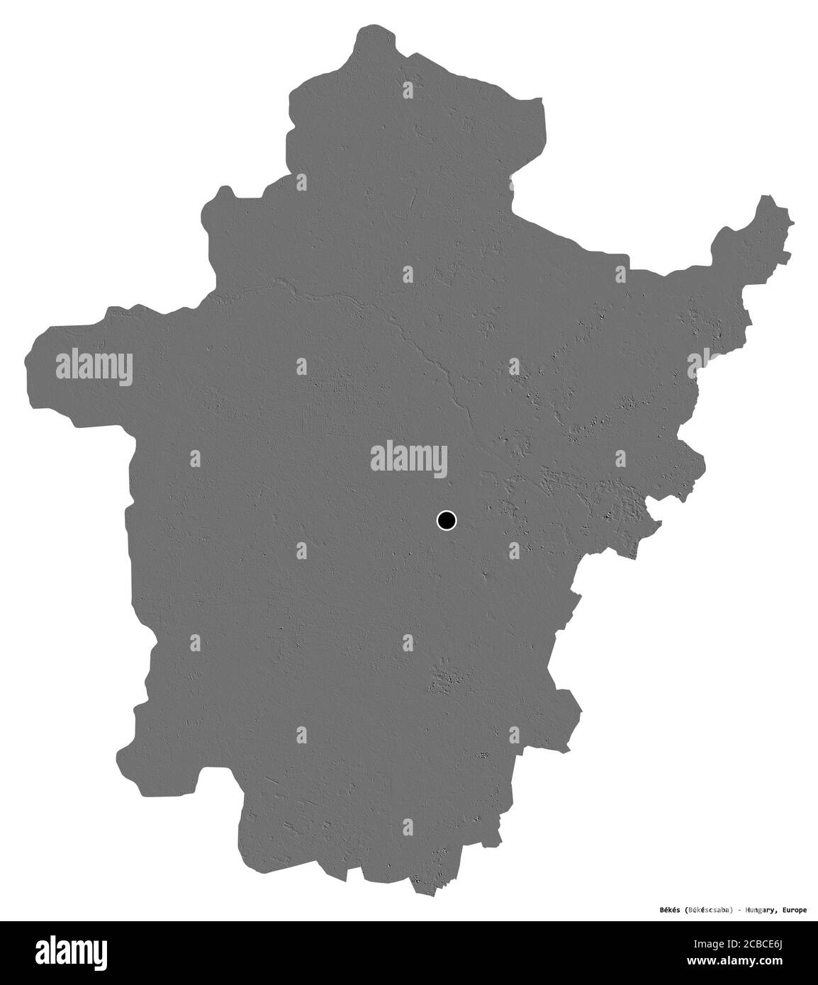 Forma di Békés, contea dell'Ungheria, con la sua capitale isolata su sfondo bianco. Mappa elevazione bilivello. Rendering 3D Foto Stock