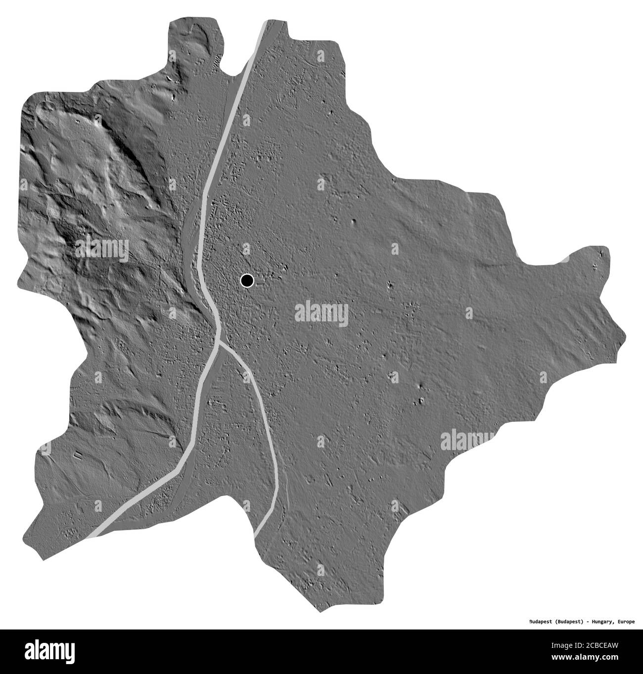 Forma di Budapest, capitale dell'Ungheria, con la sua capitale isolata su sfondo bianco. Mappa elevazione bilivello. Rendering 3D Foto Stock