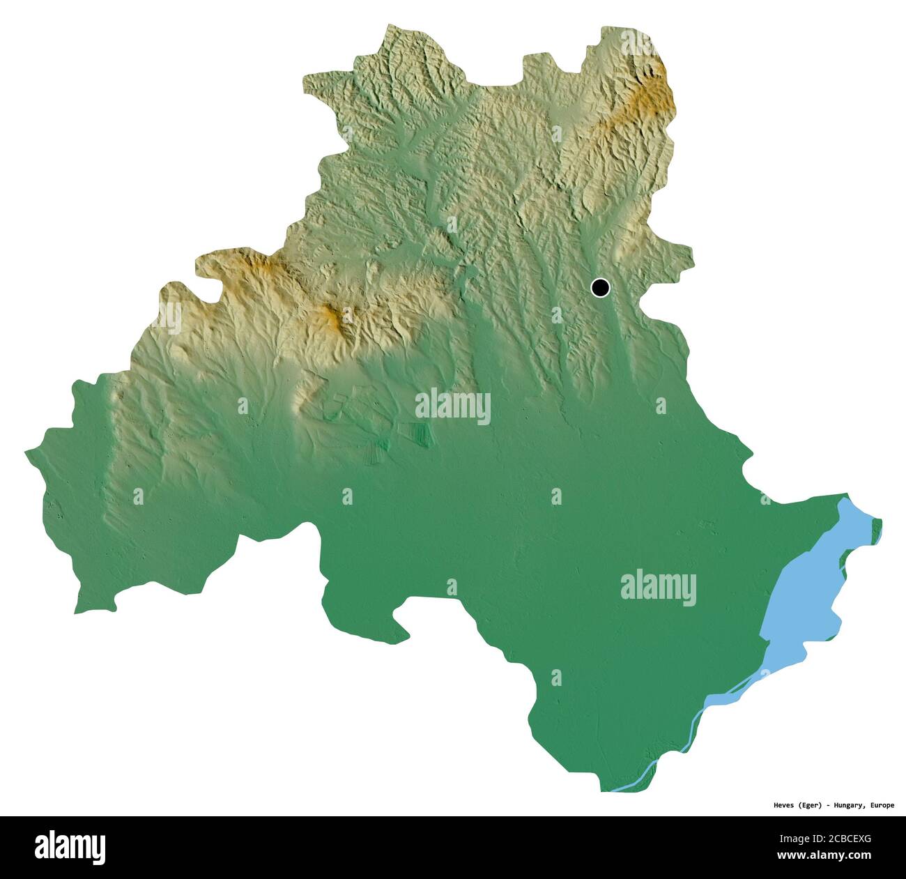 Forma di Heves, contea dell'Ungheria, con la sua capitale isolata su sfondo bianco. Mappa di rilievo topografico. Rendering 3D Foto Stock