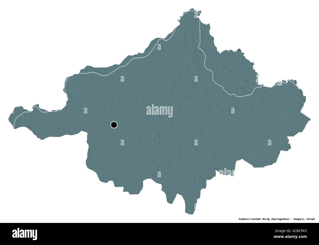 Forma di Szabolcs-Szatmár-Bereg, contea di Ungheria, con la sua capitale isolata su sfondo bianco. Mappa di elevazione colorata. Rendering 3D Foto Stock