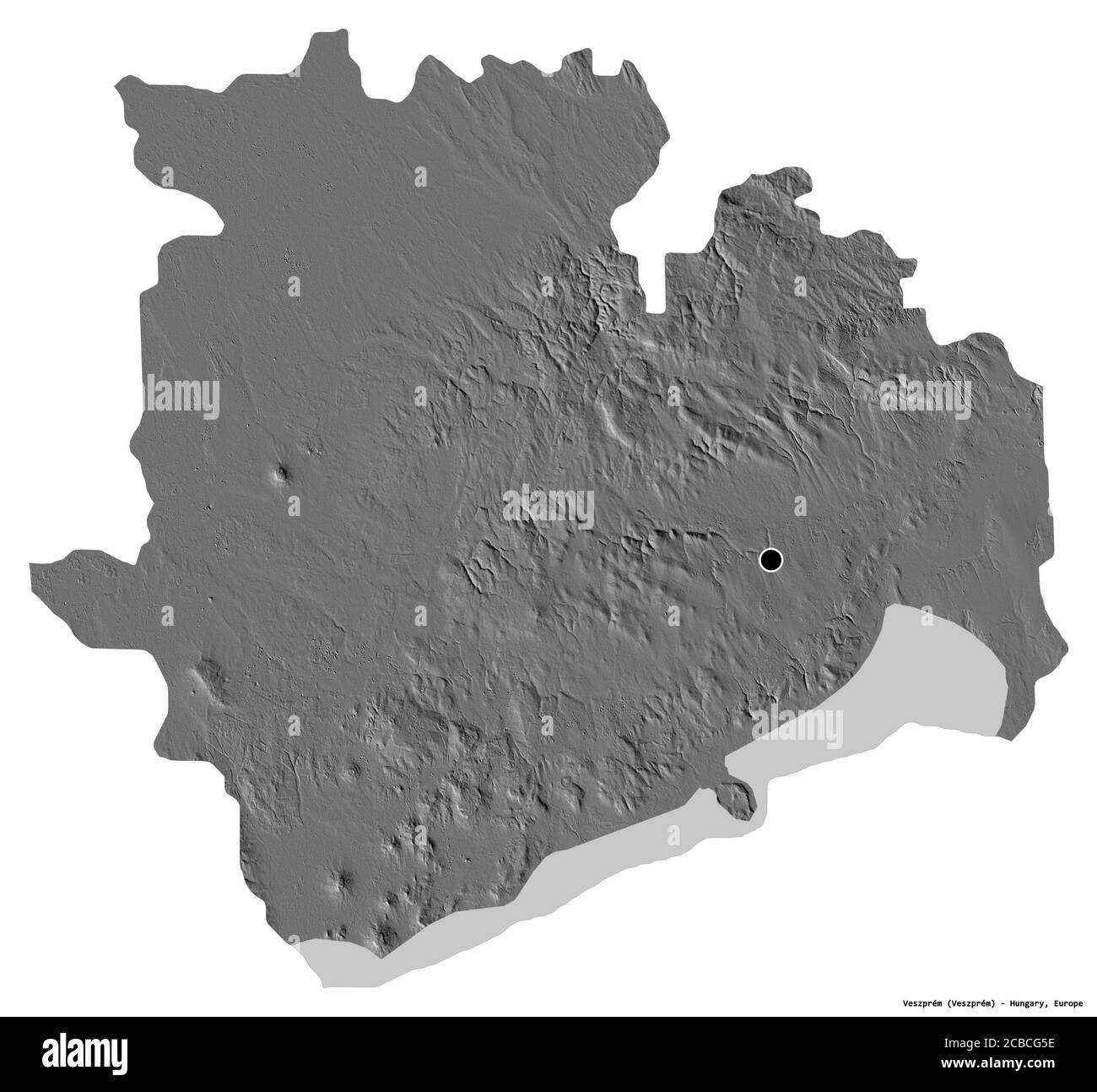 Forma di Veszprém, contea di Ungheria, con la sua capitale isolata su sfondo bianco. Mappa elevazione bilivello. Rendering 3D Foto Stock