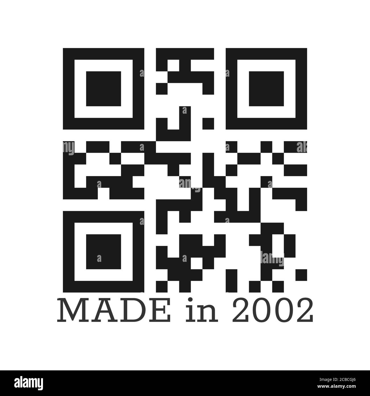 Prodotto nel 2002. Scritta vettoriale stilizzata con un vero codice QR. Illustrazione per abbigliamento, tessuti e saluti. Illustrazione vettoriale isolata su un whit Illustrazione Vettoriale