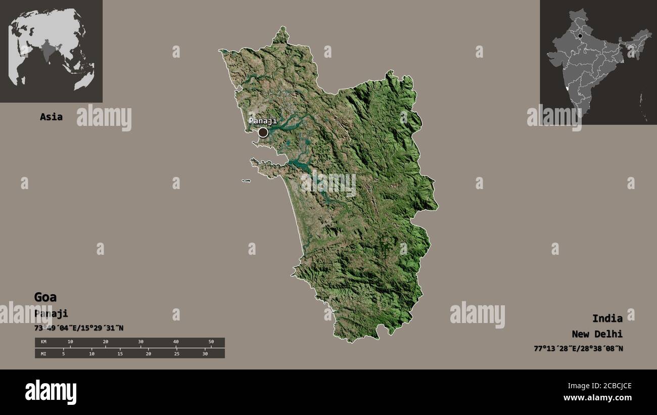 Forma di Goa, stato dell'India, e la sua capitale. Scala della distanza, anteprime ed etichette. Immagini satellitari. Rendering 3D Foto Stock