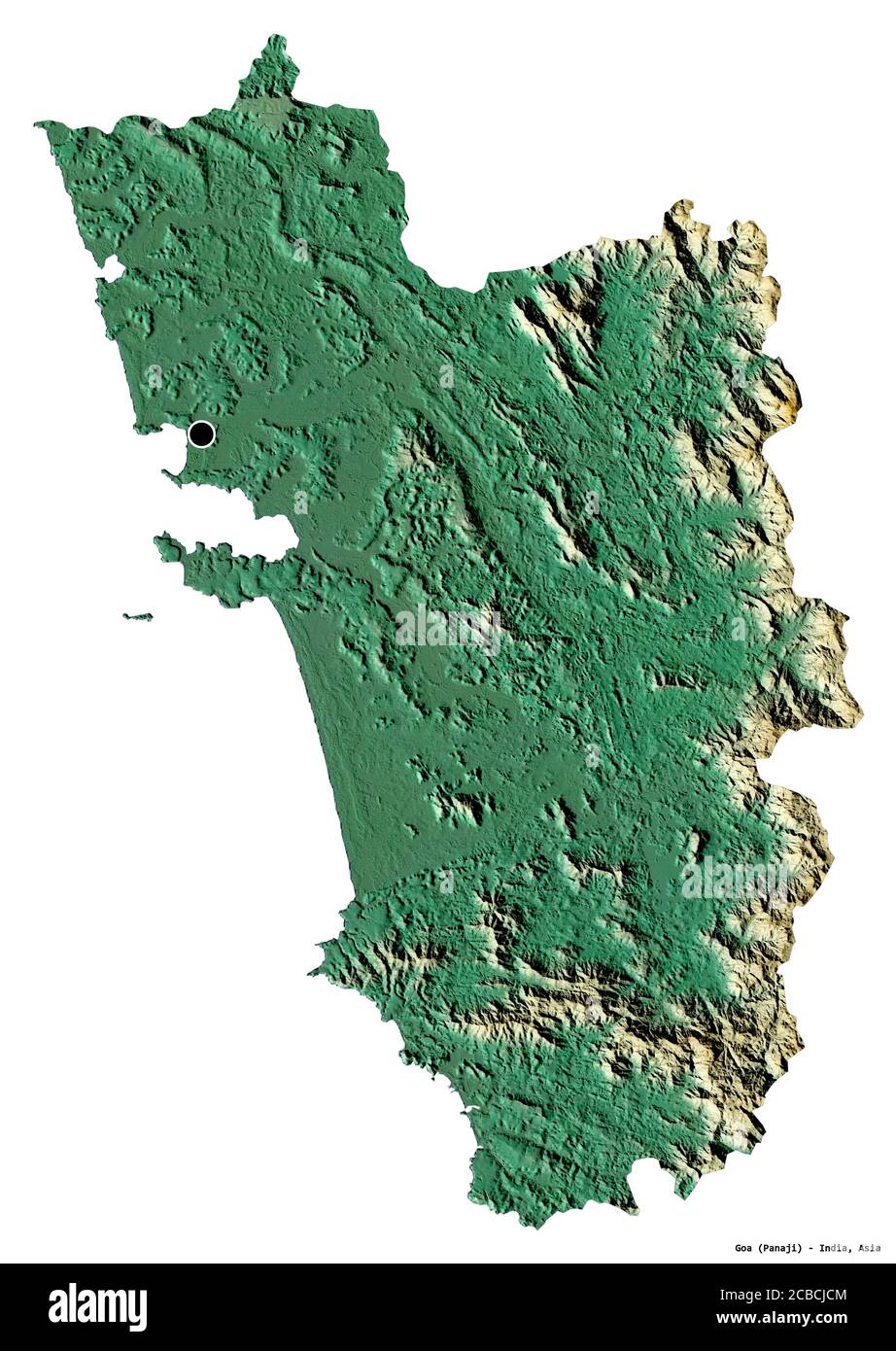 Forma di Goa, stato dell'India, con la sua capitale isolata su sfondo bianco. Mappa di rilievo topografico. Rendering 3D Foto Stock