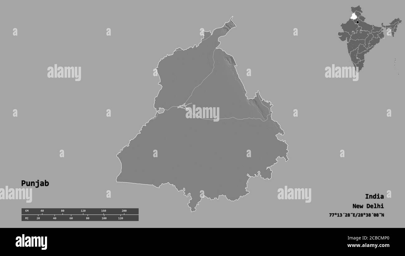 Forma del Punjab, stato dell'India, con la sua capitale isolata su solido sfondo. Scala della distanza, anteprima della regione ed etichette. Mappa elevazione bilivello. 3D r Foto Stock