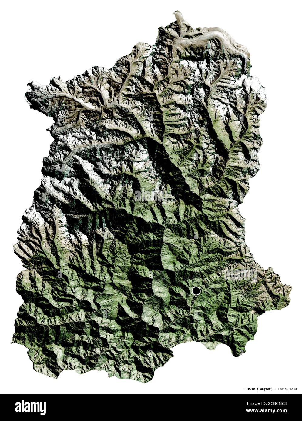 Forma di Sikkim, stato dell'India, con la sua capitale isolata su sfondo bianco. Immagini satellitari. Rendering 3D Foto Stock