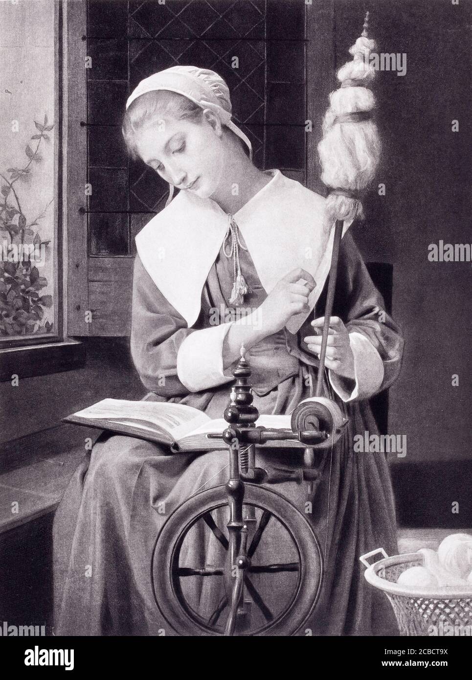 1890 fotografia di un dipinto di Elizabeth Jane Gardner del 1880 di una giovane donna che lavora su una ruota che gira mentre legge un libro. La didascalia è Prisci Foto Stock