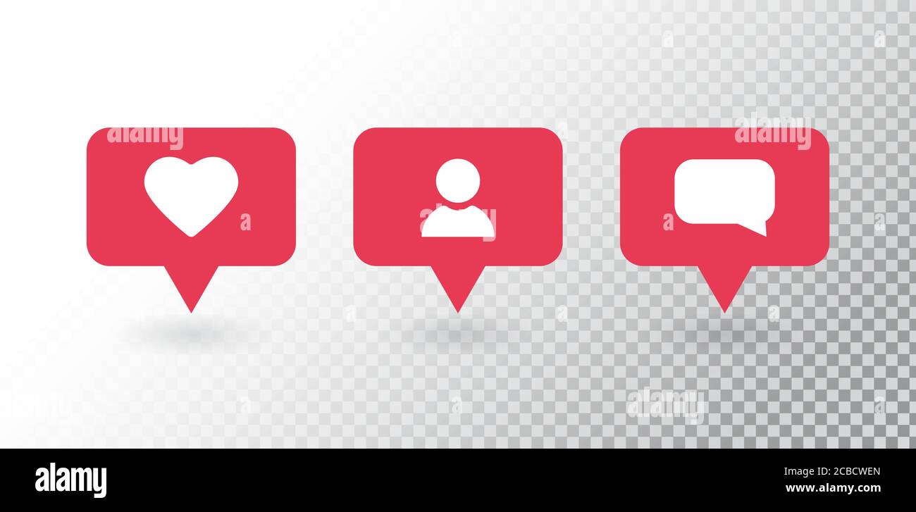 Notifica dei follower. Social media Imposta le icone delle notifiche: Come, follower, commento. Nuovo messaggio di colore rosso. Richiesta amico quantità numero notificat Illustrazione Vettoriale