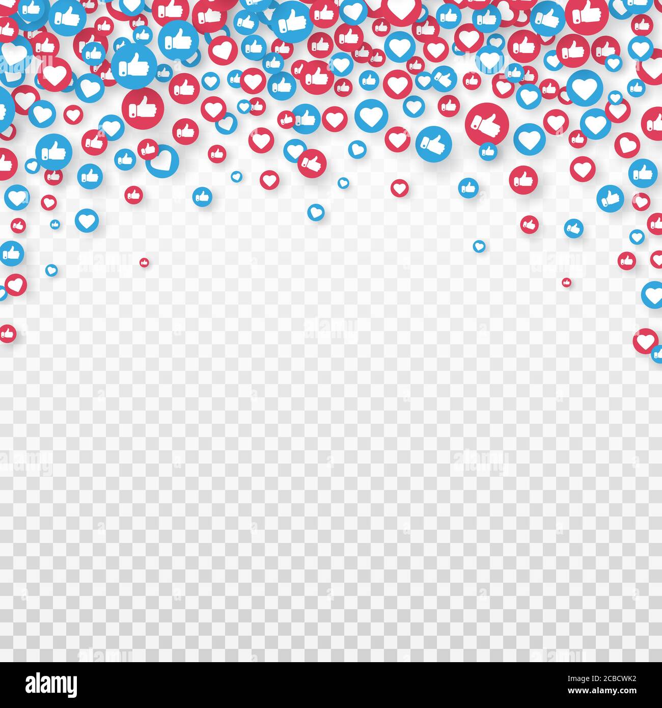 Come e pollici su icona che cade su sfondo trasparente. Simbolo del social network. Notifica contatore. Elementi dei social media. Reazioni di emoji. Vettore Illustrazione Vettoriale