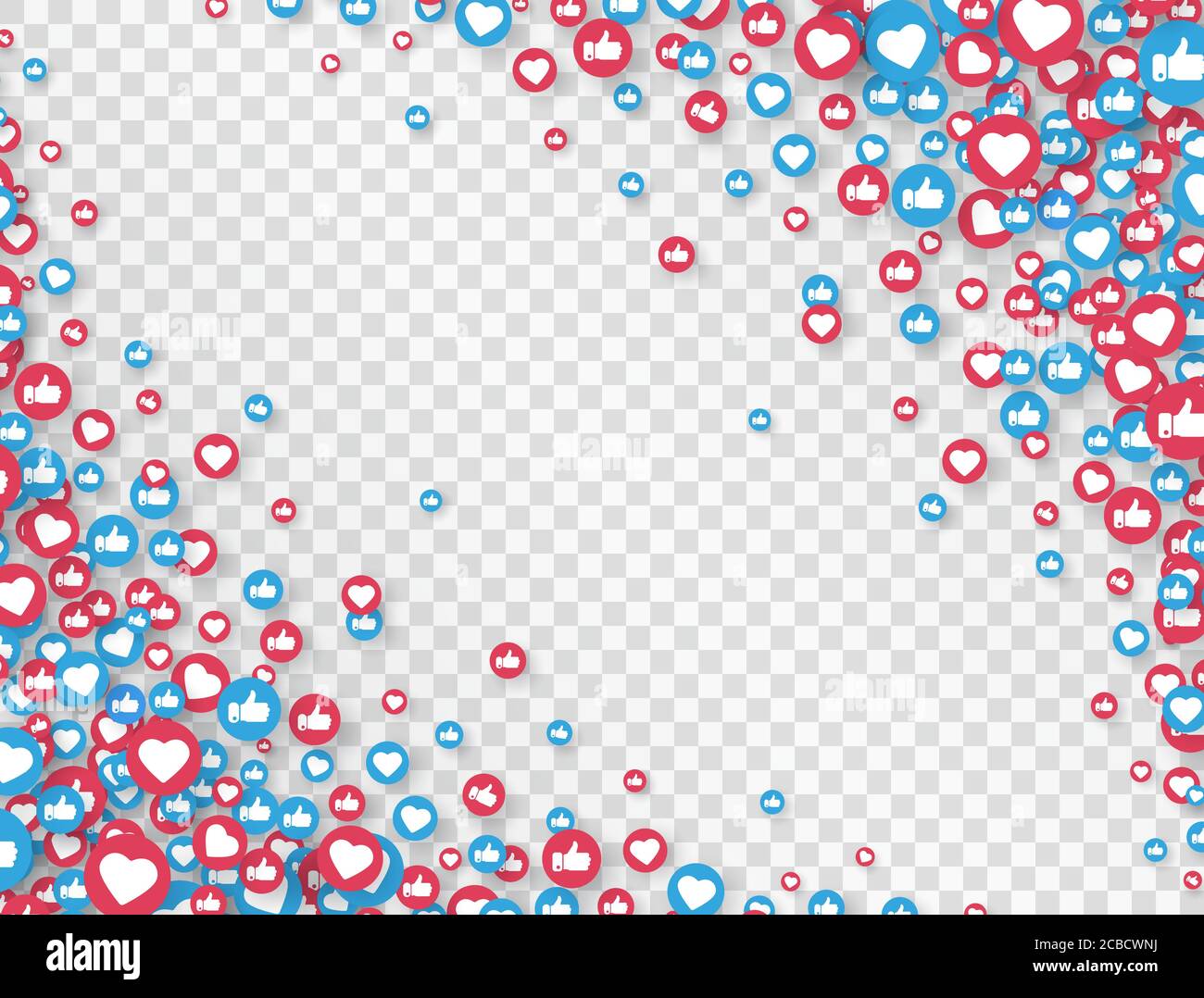 Elementi dei social media. Ama e pollici sul bordo su sfondo trasparente. Reazioni di emoji. Simbolo del social network. Notifica contatore. Illu. Vettore Illustrazione Vettoriale