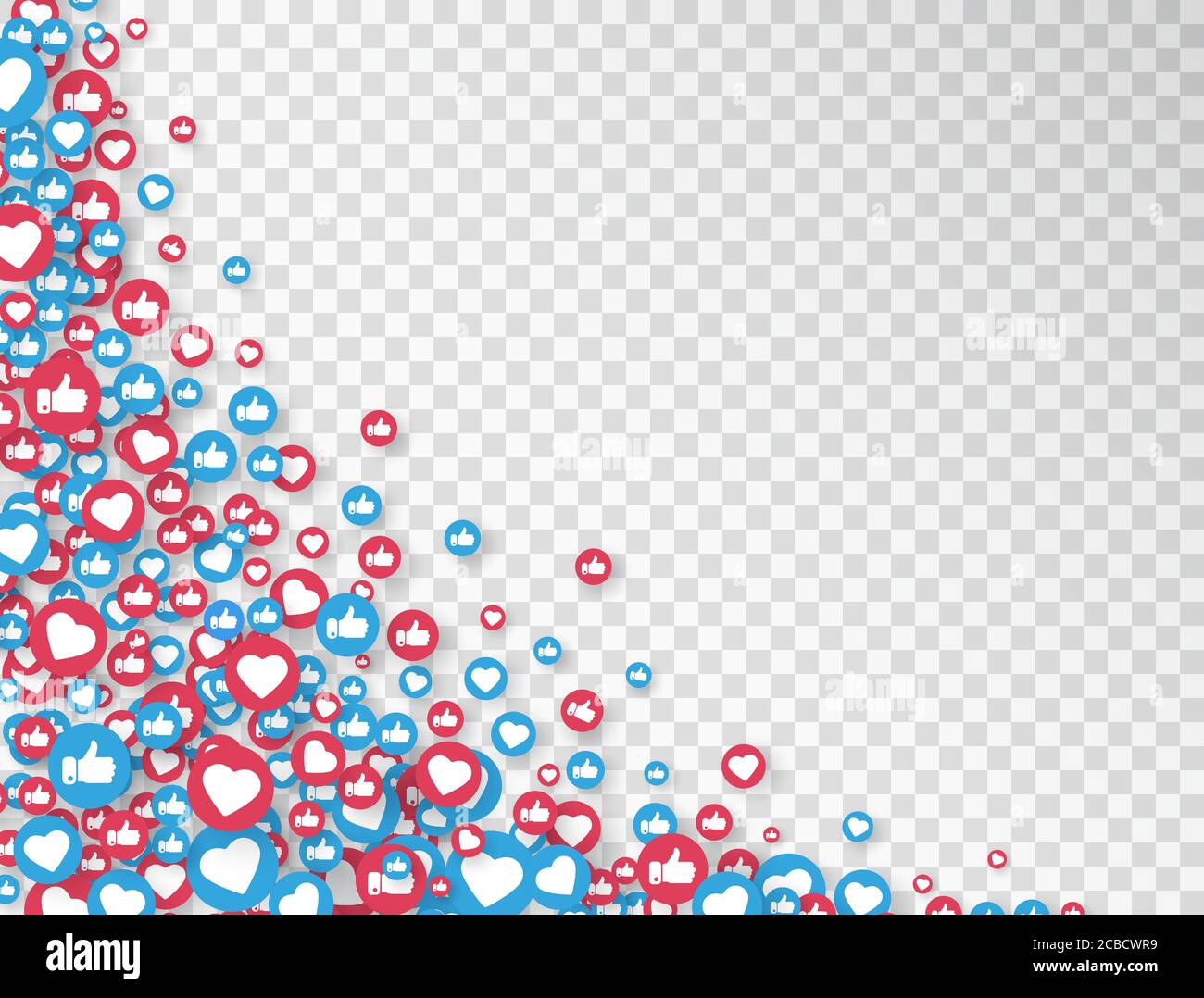 Simbolo del social network. Come e pollici su icone isolate su sfondo trasparente. Icone di notifica del contatore. Elementi dei social media. Reazioni di emoji Illustrazione Vettoriale
