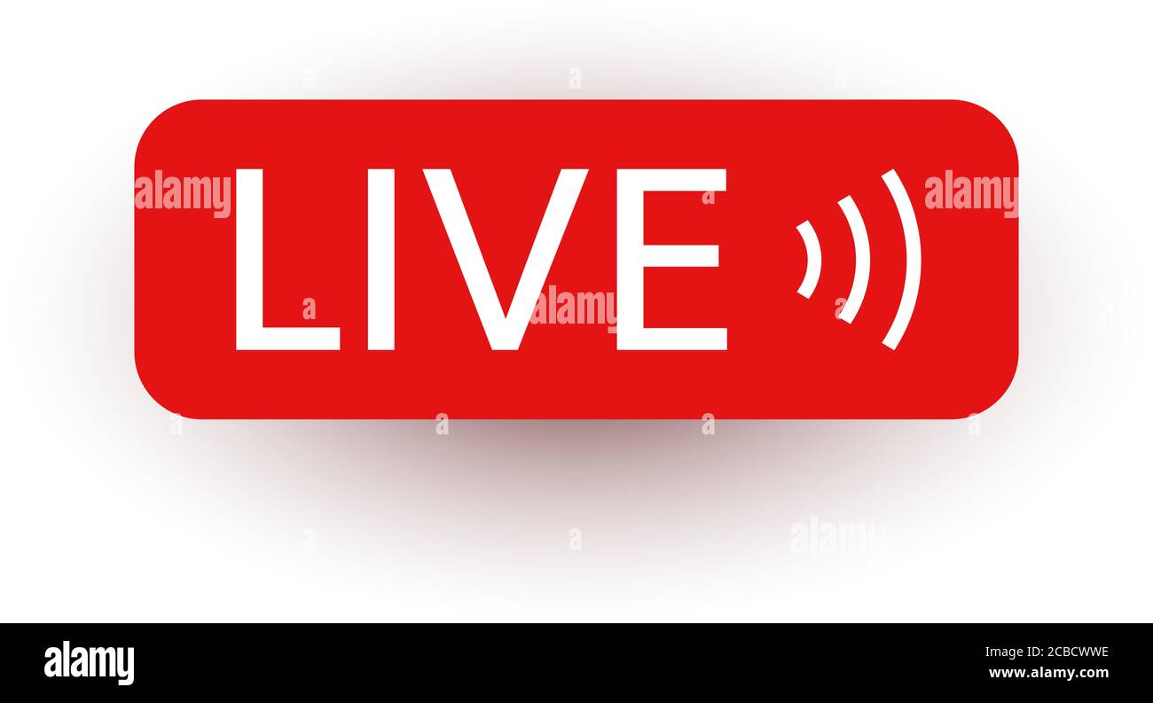 Adesivo dal vivo. Live streaming, video, icona notizie su sfondo bianco. Modello di social media. Trasmissione, streaming online. Pulsante Riproduci. Firma del social network. Illustrazione Vettoriale