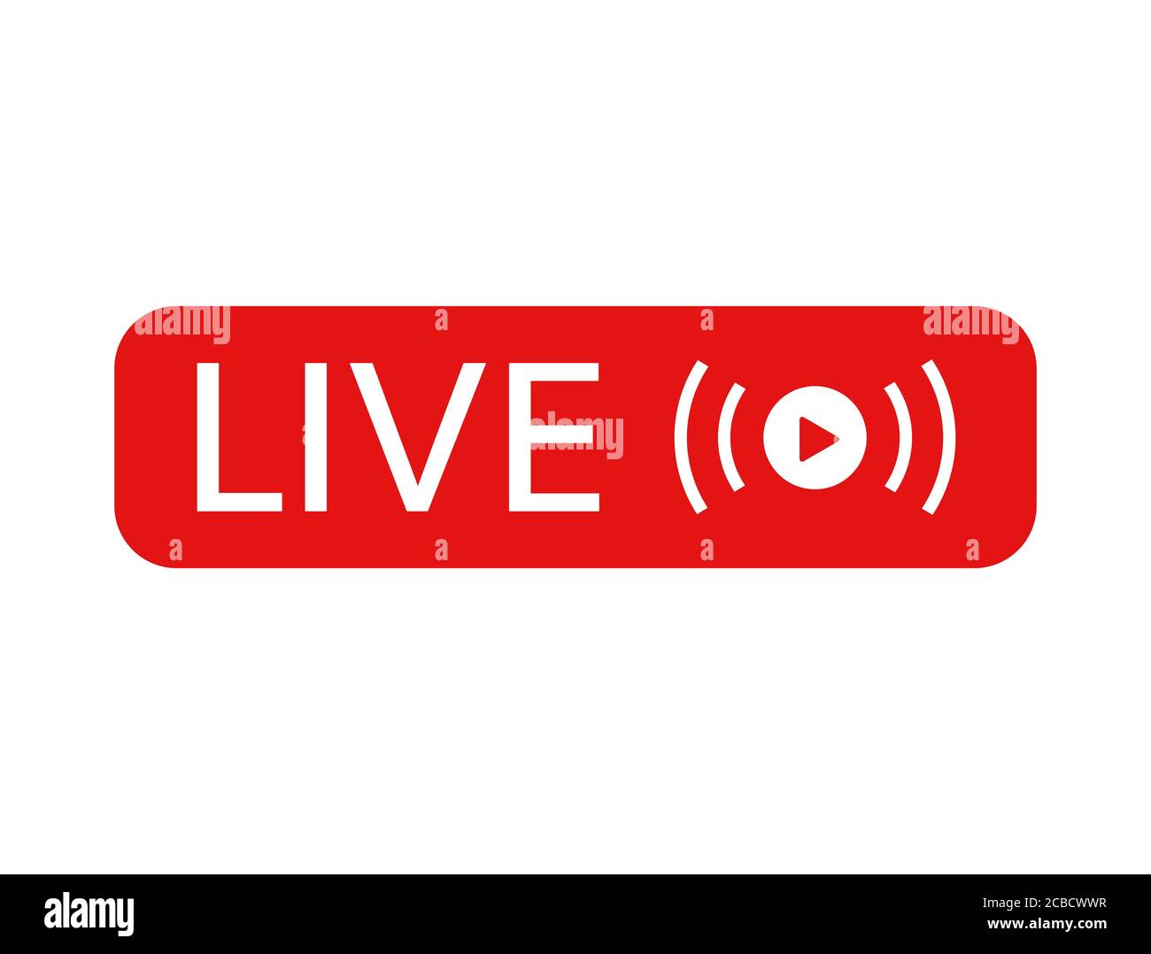 Icona Live. Live streaming, video, simbolo delle notizie su sfondo bianco. Modello di social media. Trasmissione, streaming online. Pulsante Riproduci. Firma del social network. Illustrazione Vettoriale