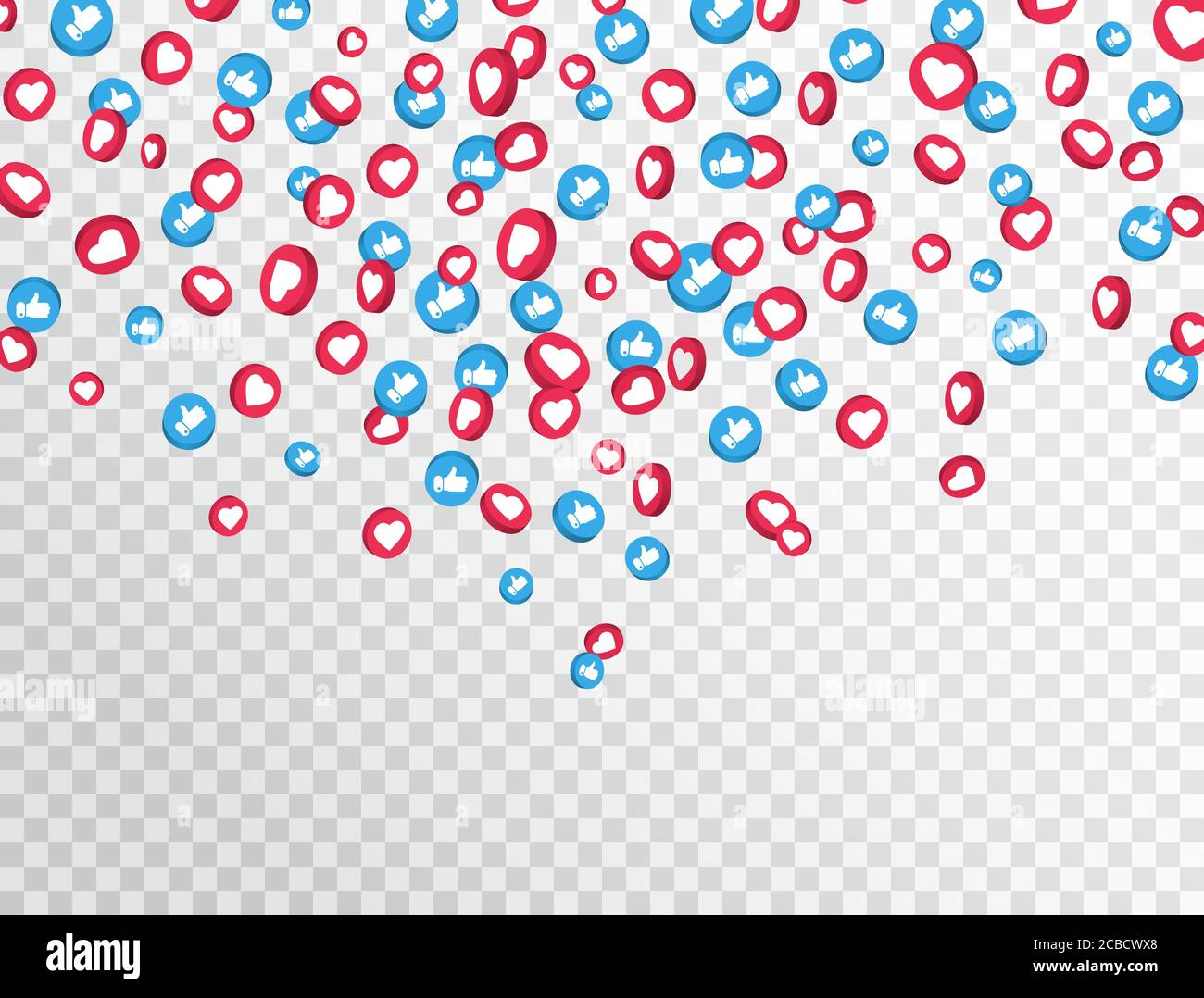 Come e pollici su icone che cadono su sfondo trasparente. simbolo del social network 3d. Icone di notifica del contatore. Elementi dei social media. Emoji reactio Illustrazione Vettoriale