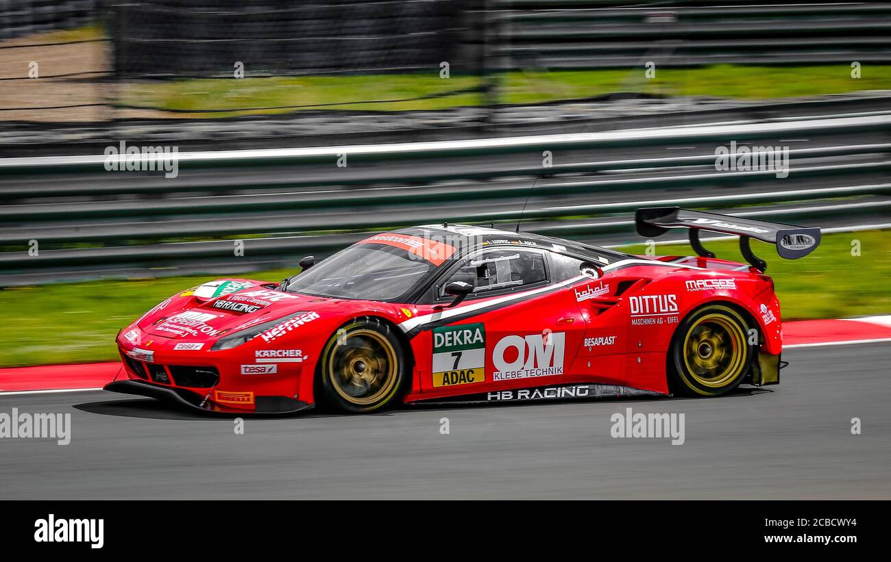 Oschersleben, Deutschland, 28 aprile 2019: Sebastian Asch alla guida della sua Ferrari 488 GT3 durante la gara di auto MASTER GT alla Motorsport Arena in Germania. Foto Stock