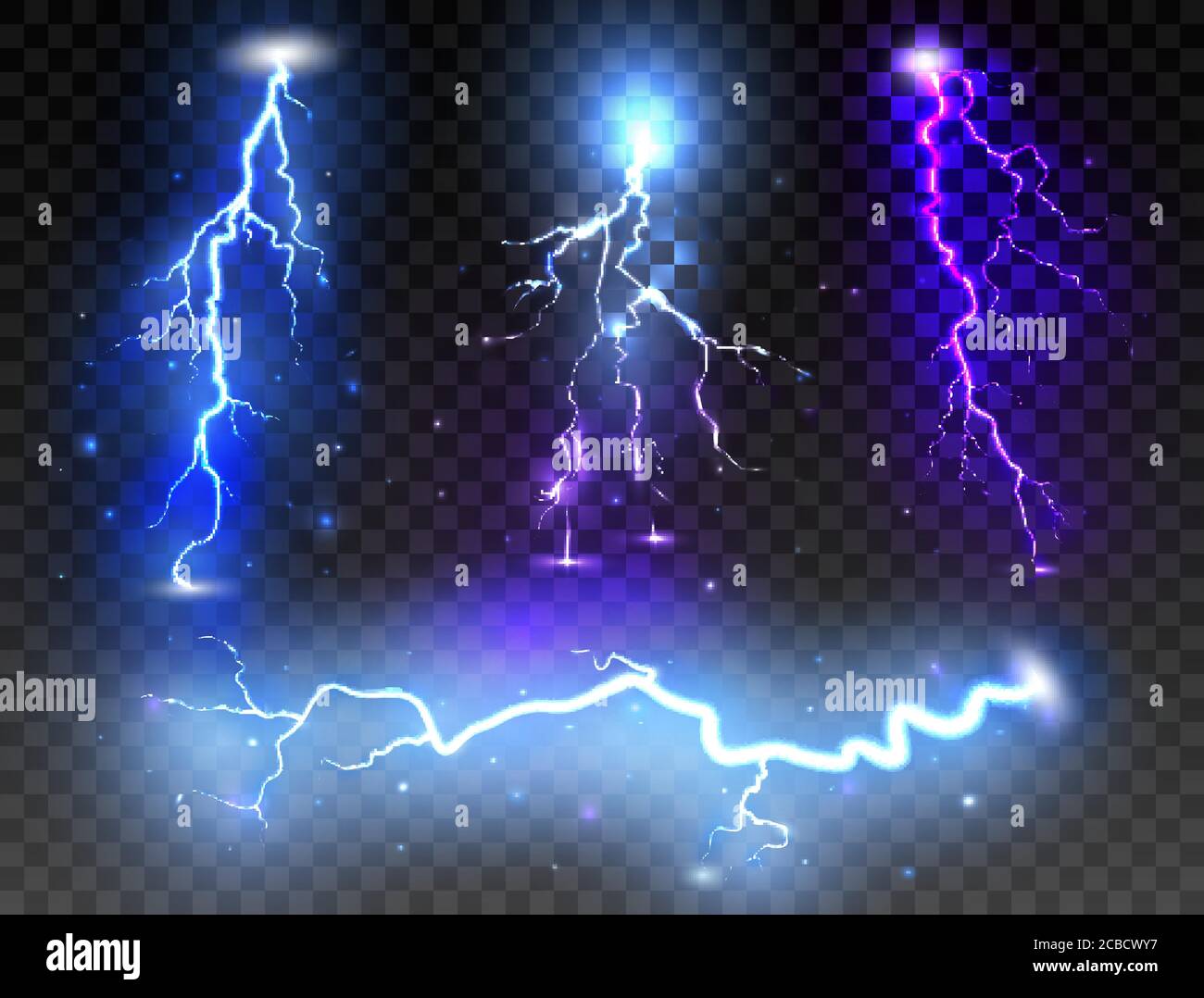 Set di luci realistiche su sfondo trasparente. Thunder-storm e thunderbolt per il design. Illustrazione vettoriale. Illustrazione Vettoriale
