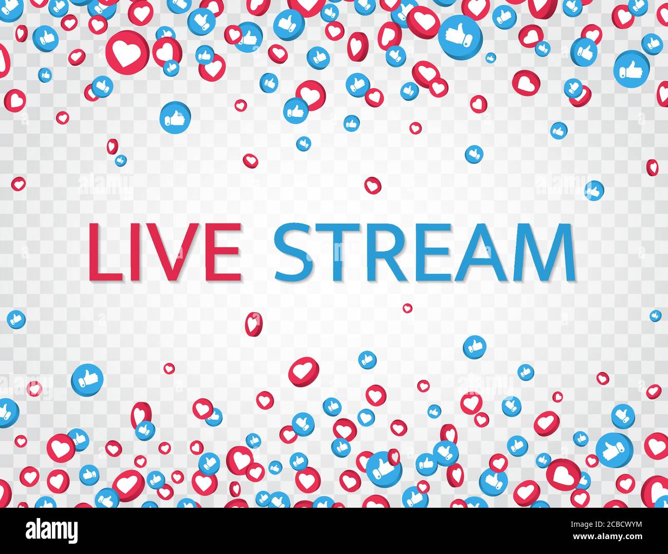 Sfondo live streaming con icone simili e pollici. Live streaming, video, simbolo di notizie su sfondo trasparente. Modello di social media. Broadcastin Illustrazione Vettoriale