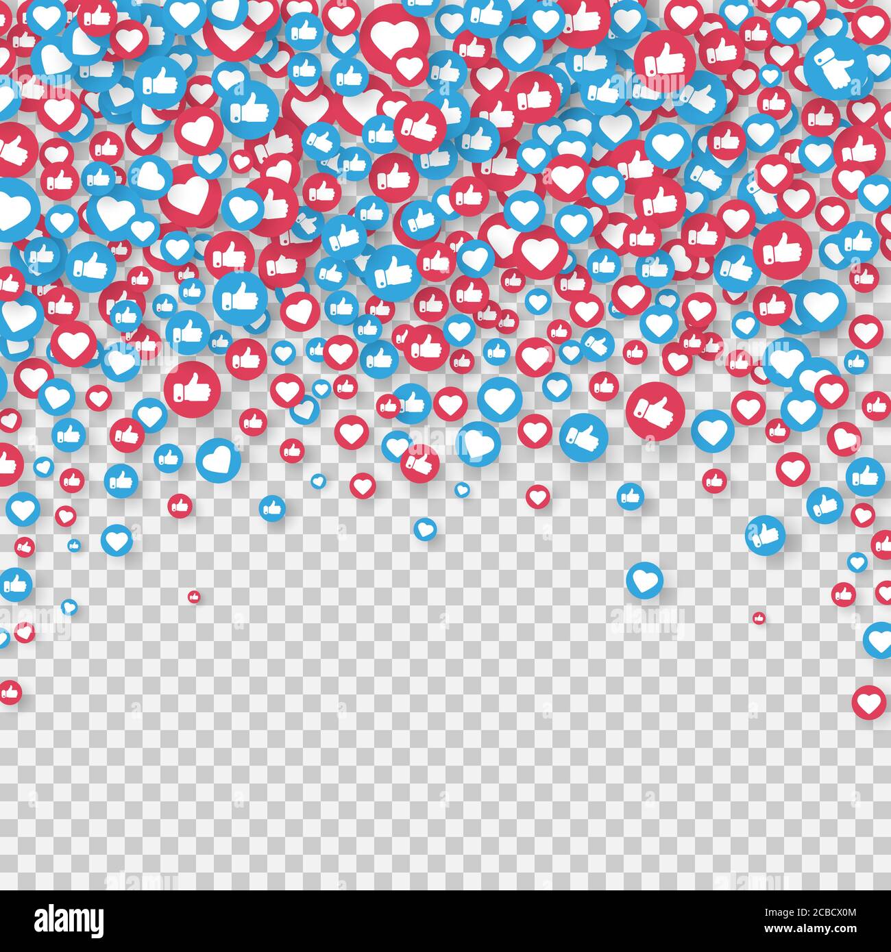 Come e pollici su icone isolate su sfondo trasparente. Simbolo del social network. Icone di notifica del contatore. Elementi dei social media. Reazioni di emoji Illustrazione Vettoriale