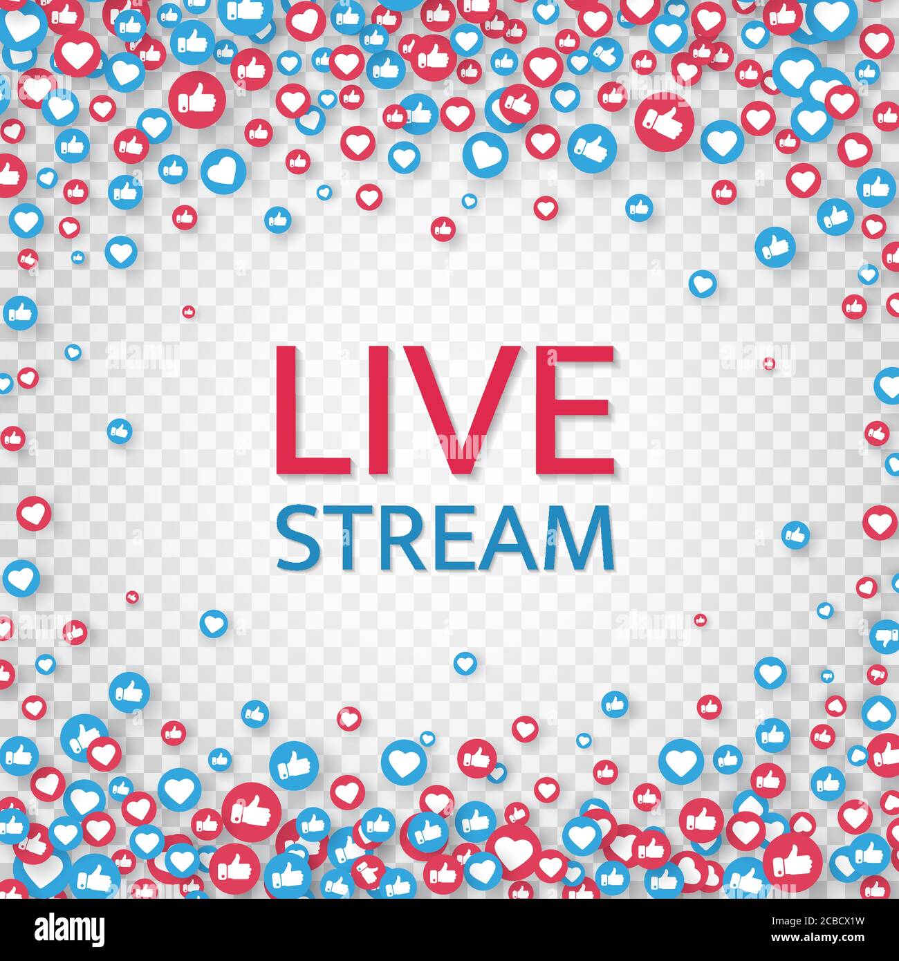 Sfondo live streaming con icone simili e pollici. Live streaming, video, simbolo di notizie su sfondo trasparente. Modello di social media. Broadcastin Illustrazione Vettoriale