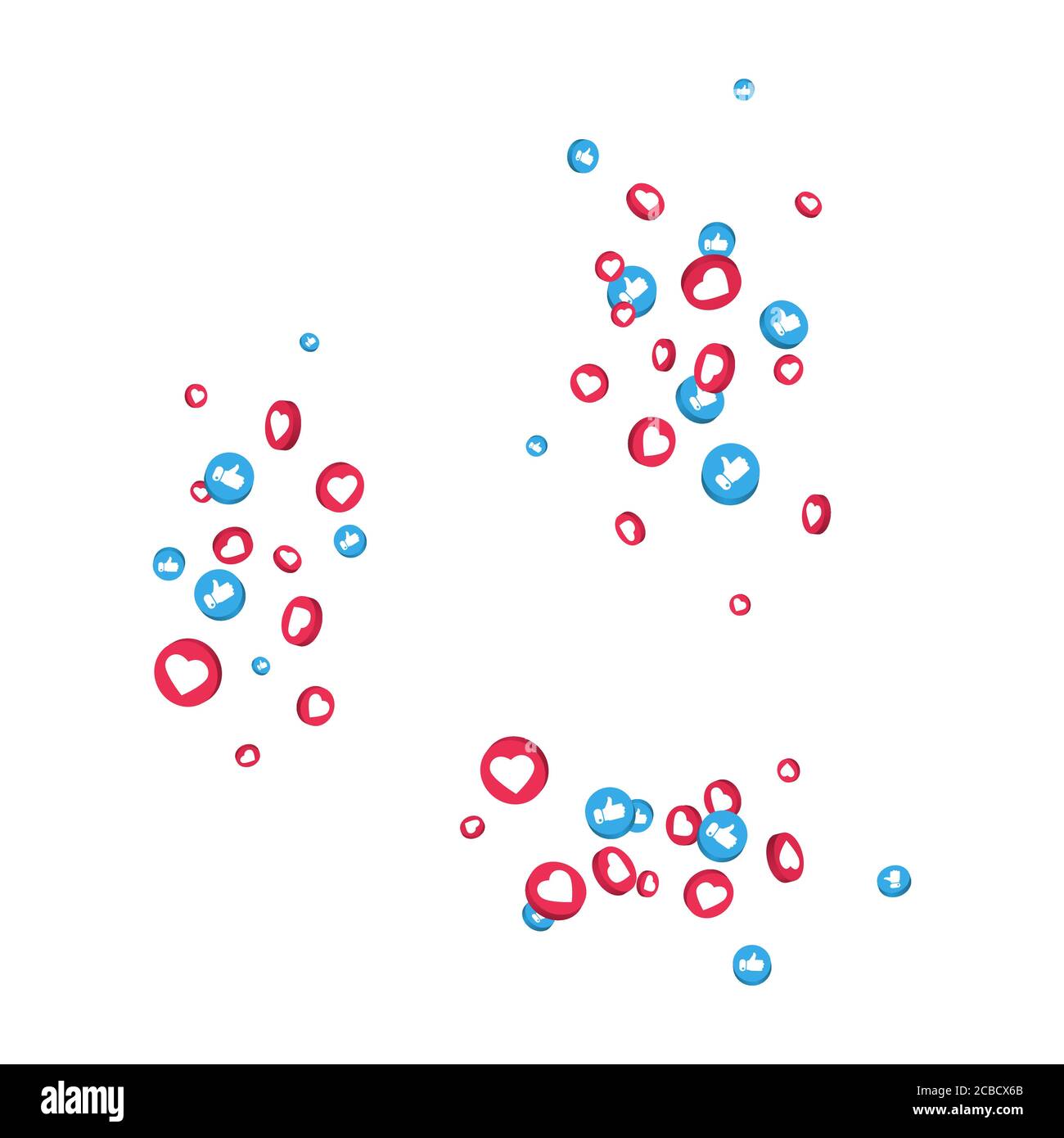Come e pollici su icone composizione su sfondo bianco. Elementi che cadono sui social media. Streaming live, chat video. simbolo del social network 3d. Contatore NO Illustrazione Vettoriale