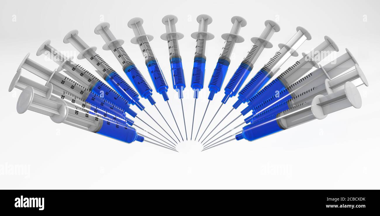 siringhe disposte in 3d che rendono il concetto di vaccino medico isolato su bianco Foto Stock