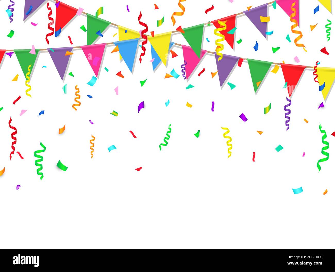 Banner party con bandiere colorate e confetti. Illustrazione vettoriale. Illustrazione Vettoriale