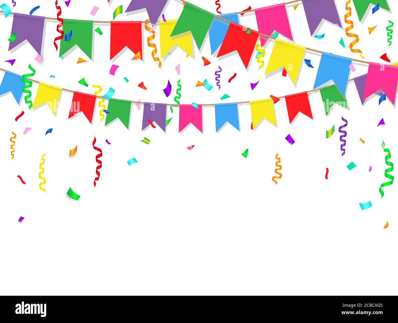 Festa di fondo con bandiere colorate e confetti. Bandiere di festa su sfondo bianco. Illustrazione vettoriale. Illustrazione Vettoriale
