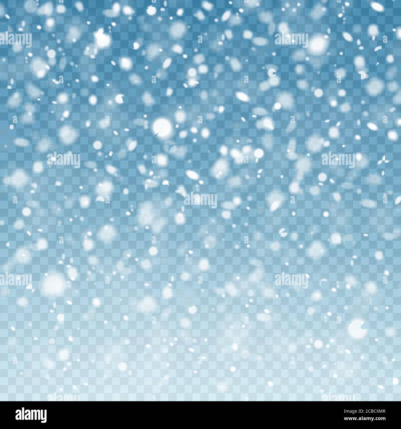 Neve in caduta realistica. Neve di fondo. Tempesta di gelo, effetto nevoso su sfondo blu trasparente. Sfondo di Natale. Illustrazione vettoriale. Illustrazione Vettoriale